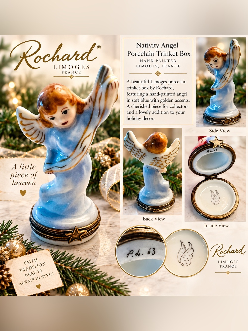 Rochard Limoges Nativity Angel Porcelain Trinket Box Hand Painted France